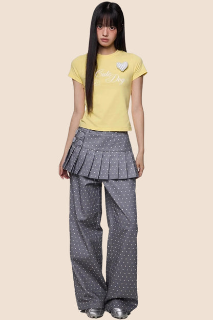 Gray And Yellow Polka Dots Pleated Skirt-Pants Set