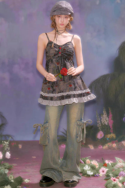 Retro Plaid Lace Strap Top