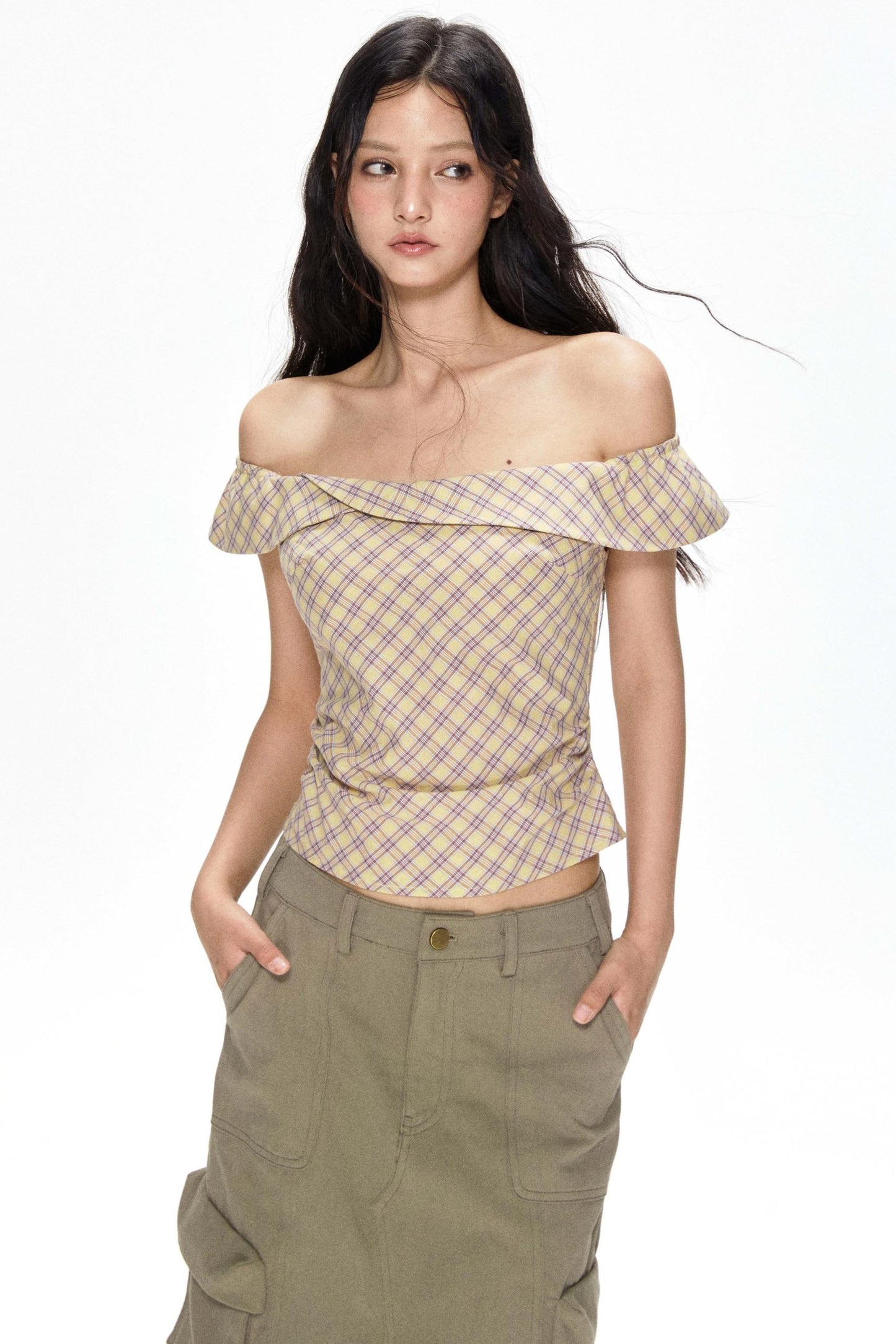 One-Shoulder Yellow Plaid Blouse