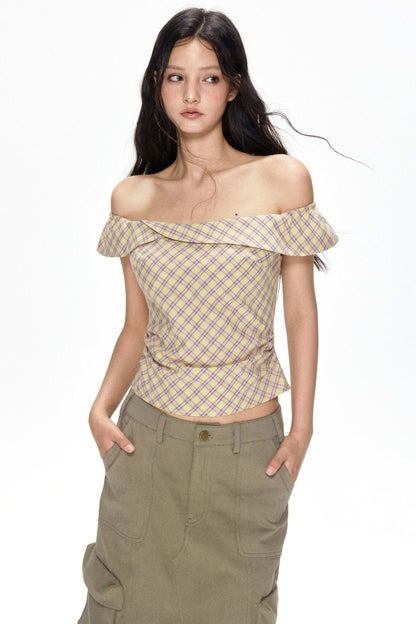 One-Shoulder Yellow Plaid Blouse