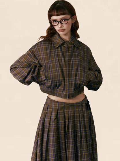 Retro Plaid Cropped Zipper Set