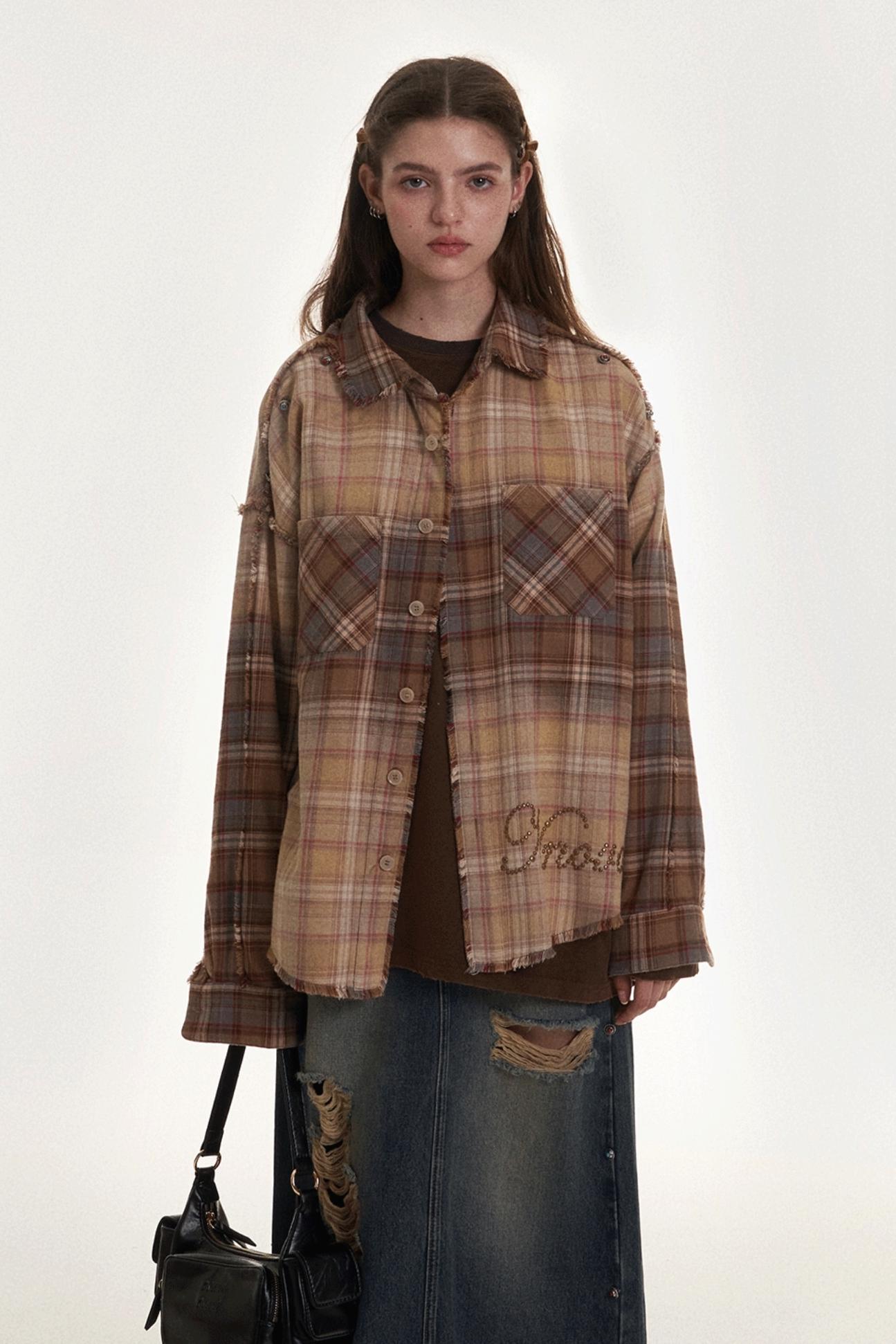 Spray Color Raw Edge Check Casual Shirt