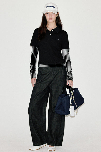 Retro Striped Polo Long-Sleeved Top