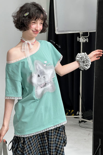 Star Rabbit Lace Short Sleeve T-shirt
