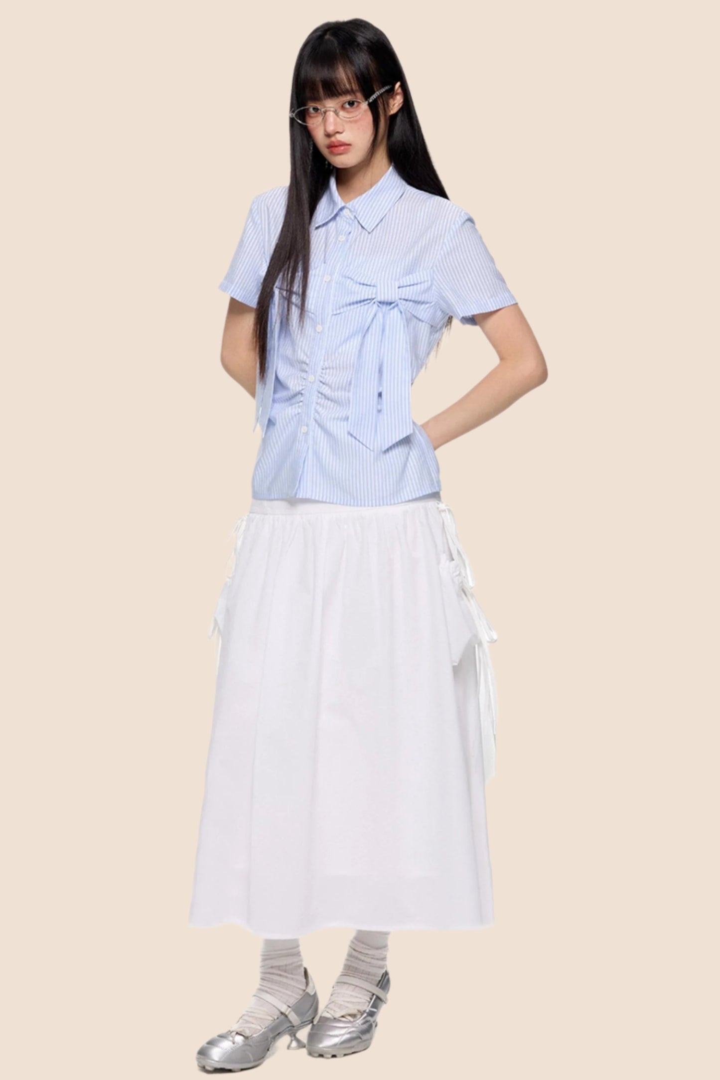 Light Blue Striped Bow Blouse