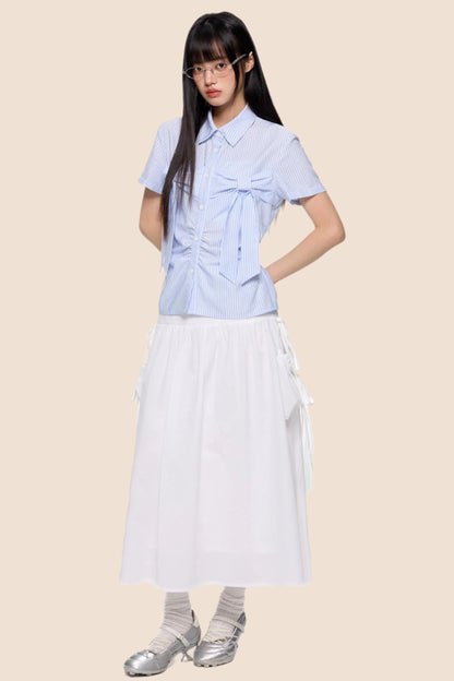 Light Blue Striped Bow Blouse