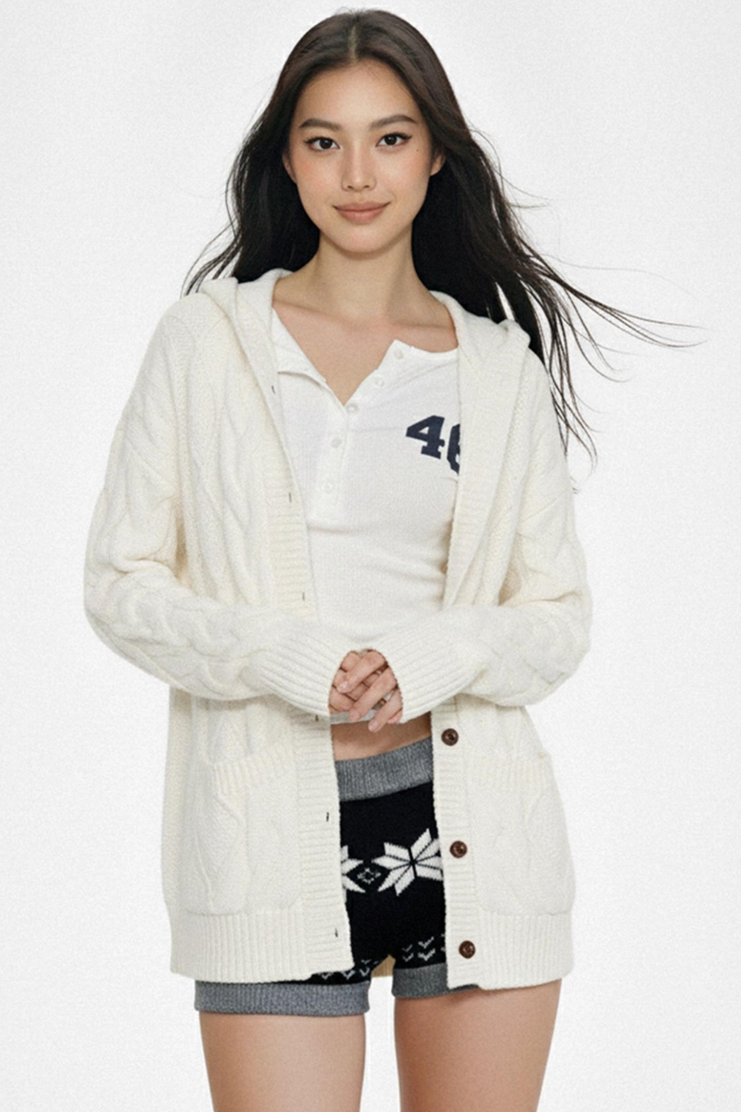 White Twist-Knit Hooded Cardigan