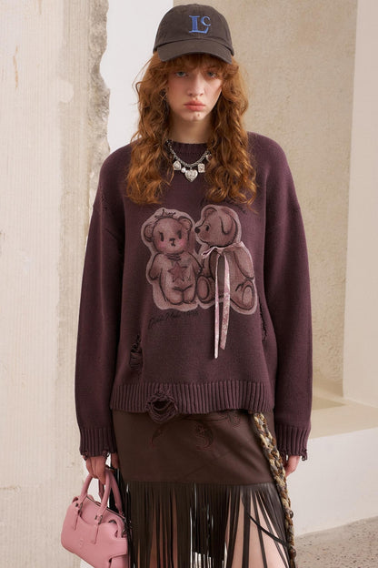 Kiss Bear Print Long Sleeve Sweater