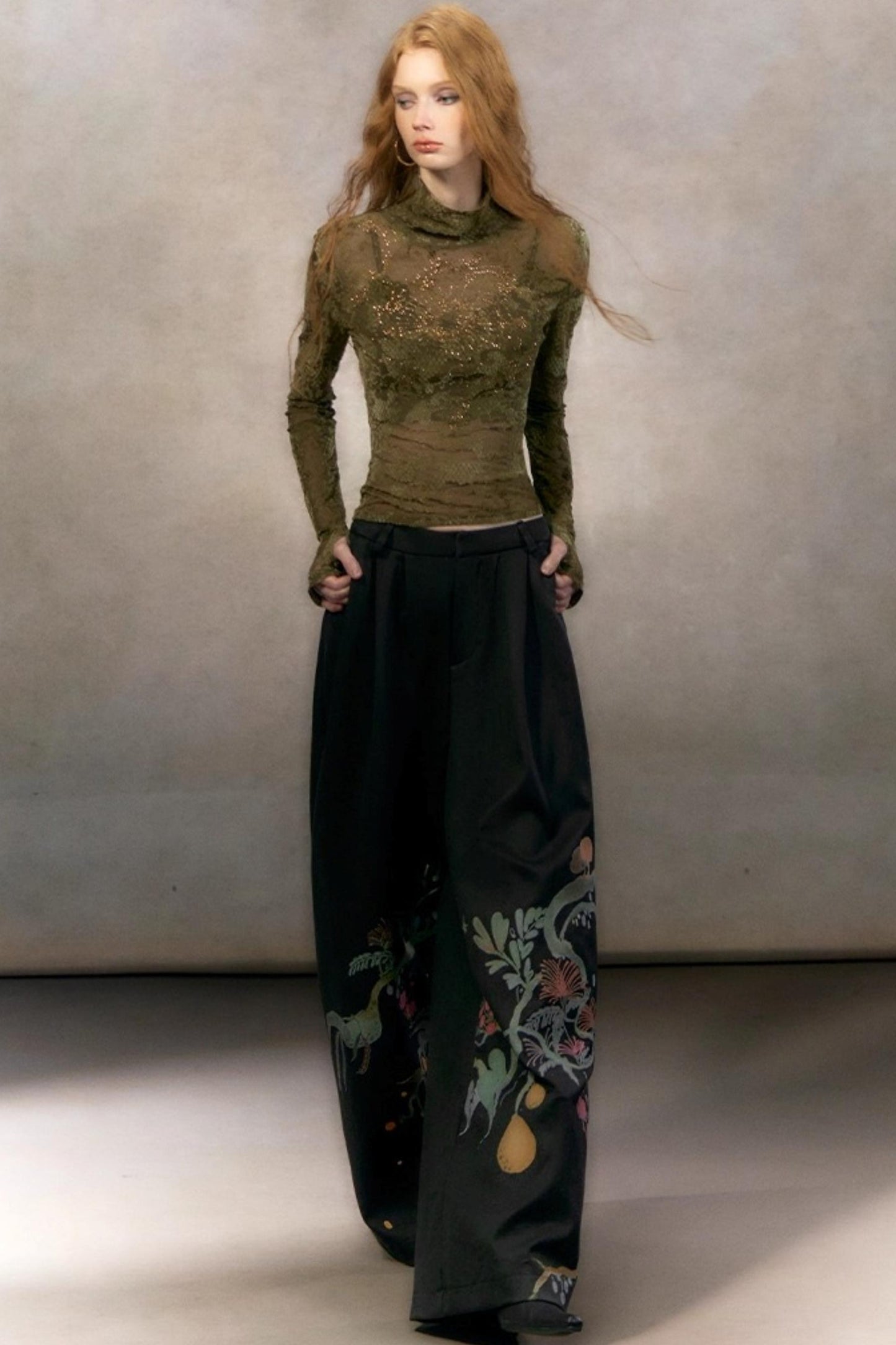 Hand-Painted Floral Wide-Leg Pants