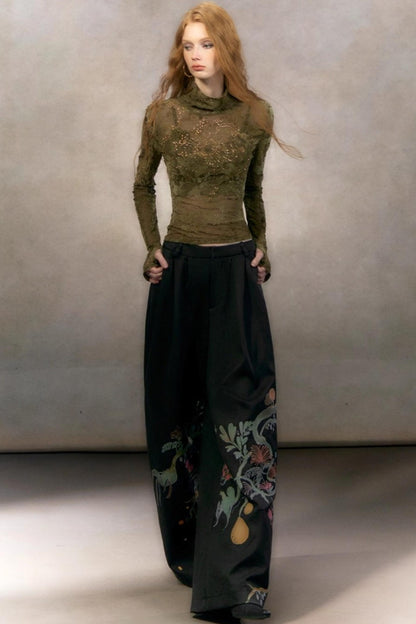 Hand-Painted Floral Wide-Leg Pants