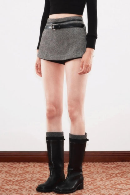 Wool Cropped Belt Short Skirt