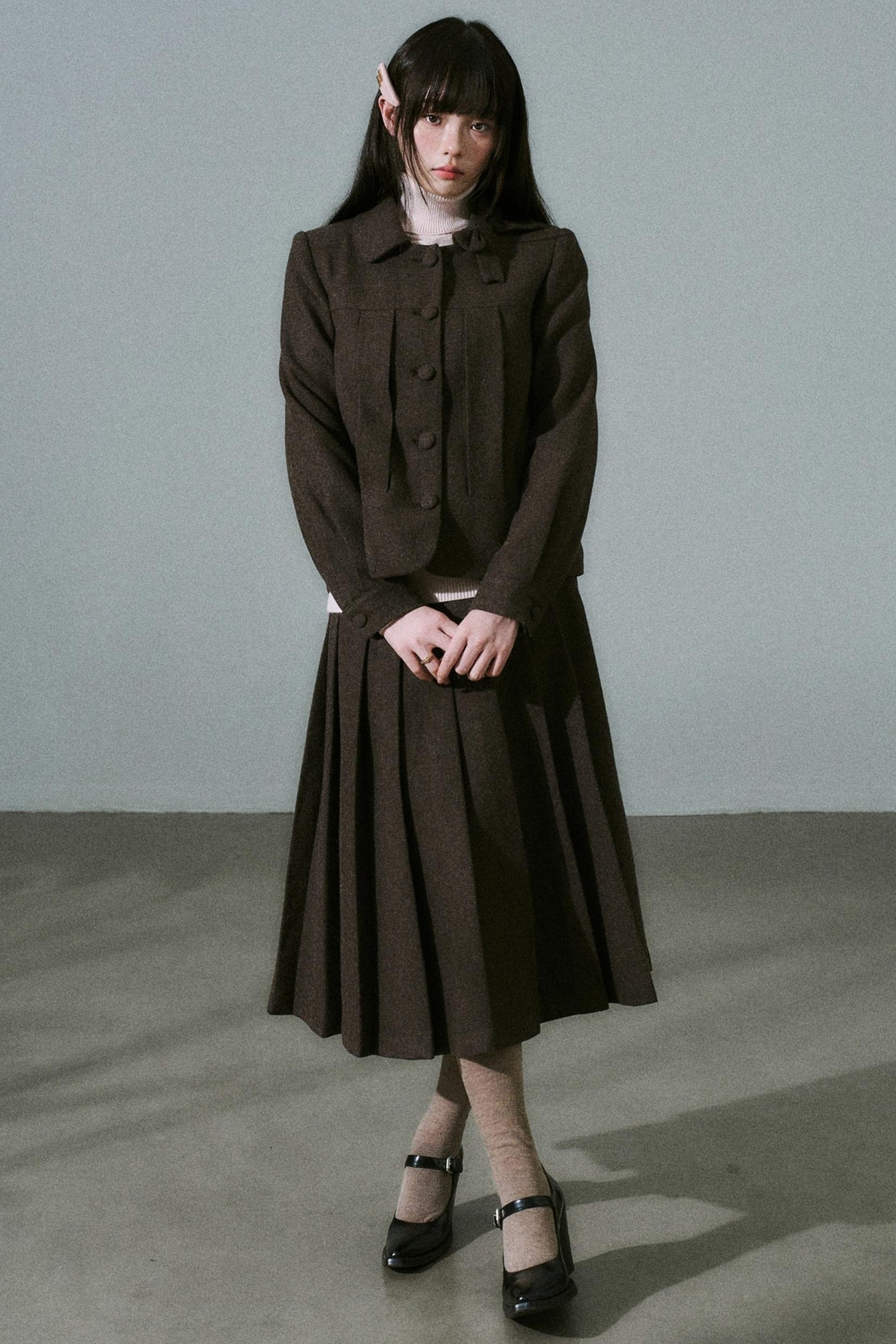 Wool Bow Tie Blazer Suit & Skirt Set-Up