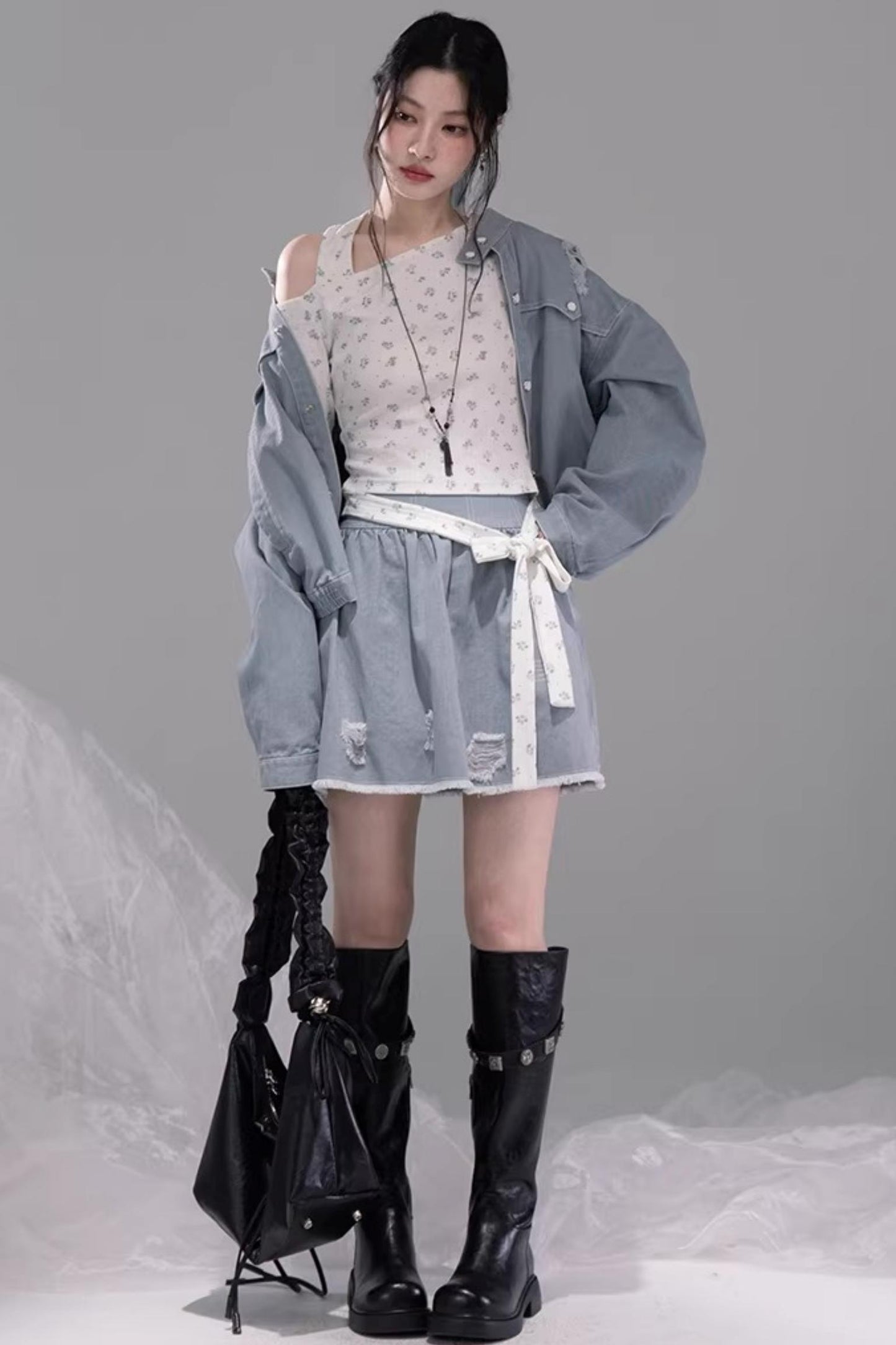 디스트레스드 록 데님 재킷 셋업