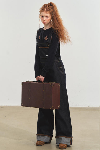 Dark Blue Denim Cuffed Overalls Pants