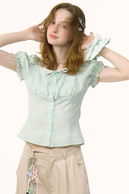 Plaid Bubble Sleeve Blouse