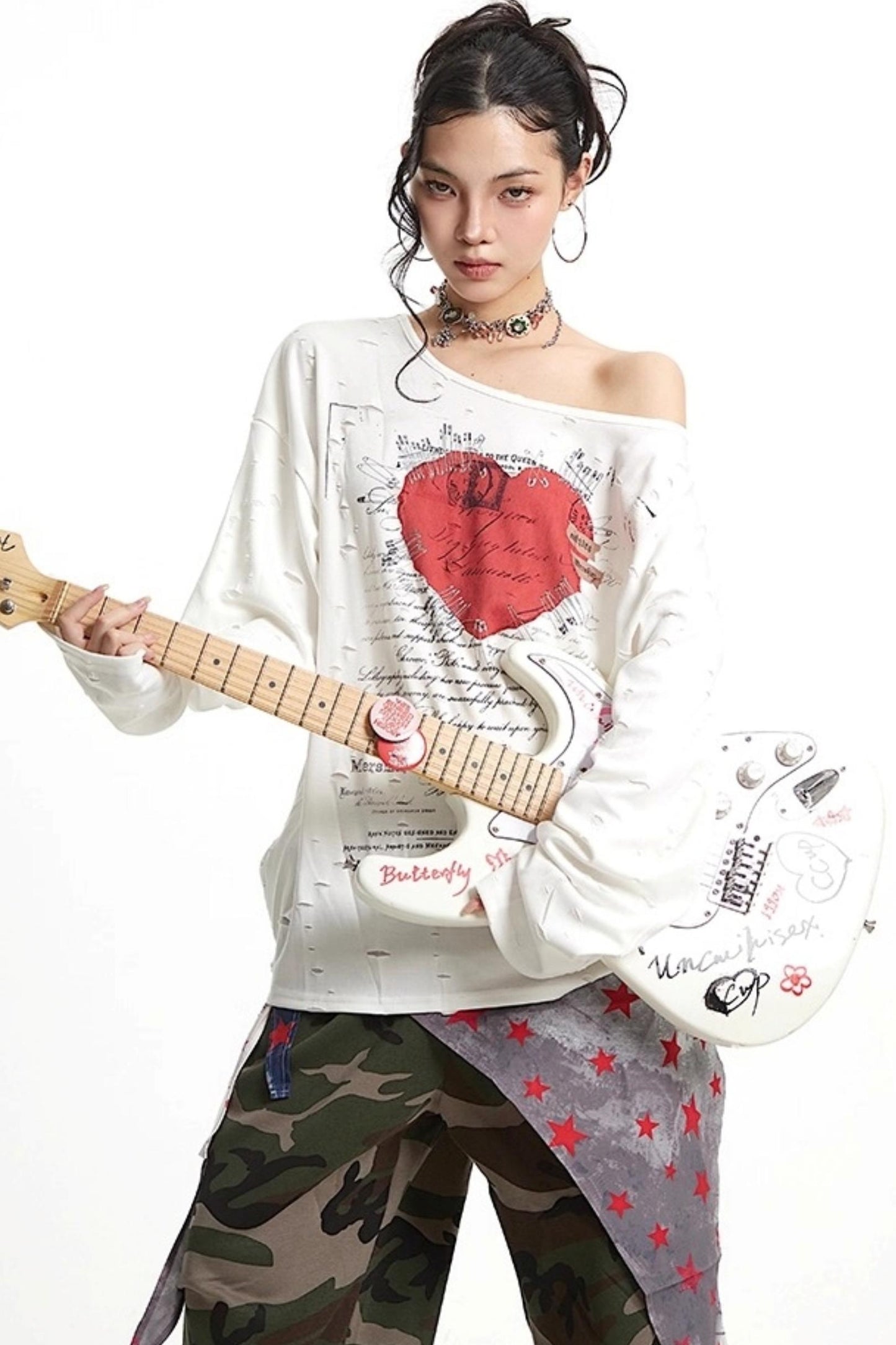 Vintage Love Print Slanted Shoulder T-Shirt