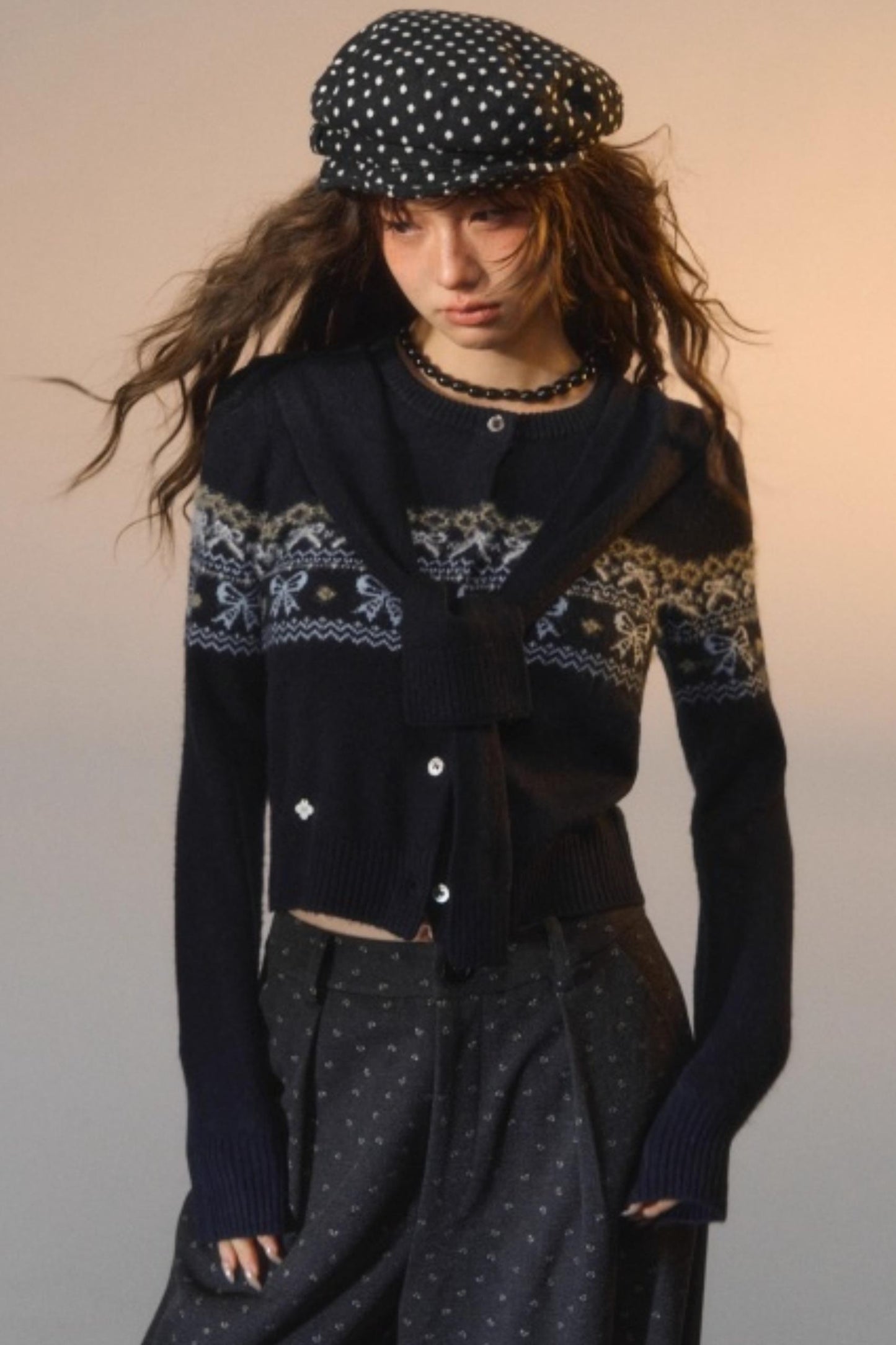 Fair Isle Bow Tie Fake Two-Piece Sweater