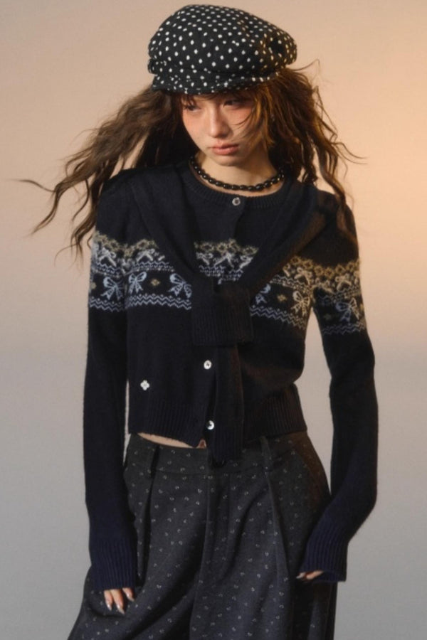 Fair Isle Bow Tie Fake Two-Piece Sweater