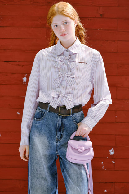 Pink White Cotton Bow Shirt