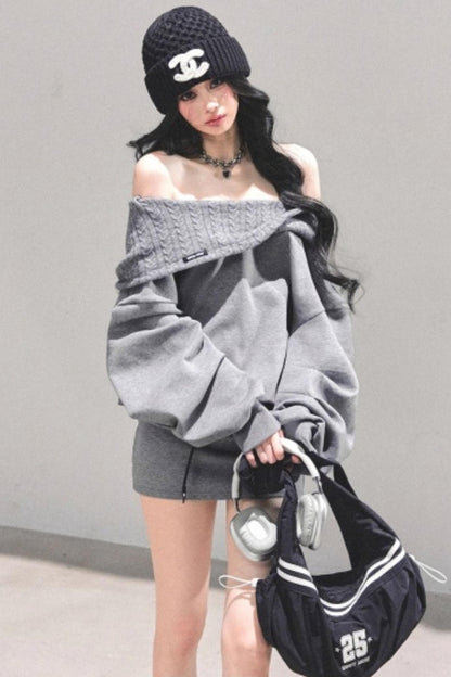 One Shoulder Grayscale Sweatshirt Dress