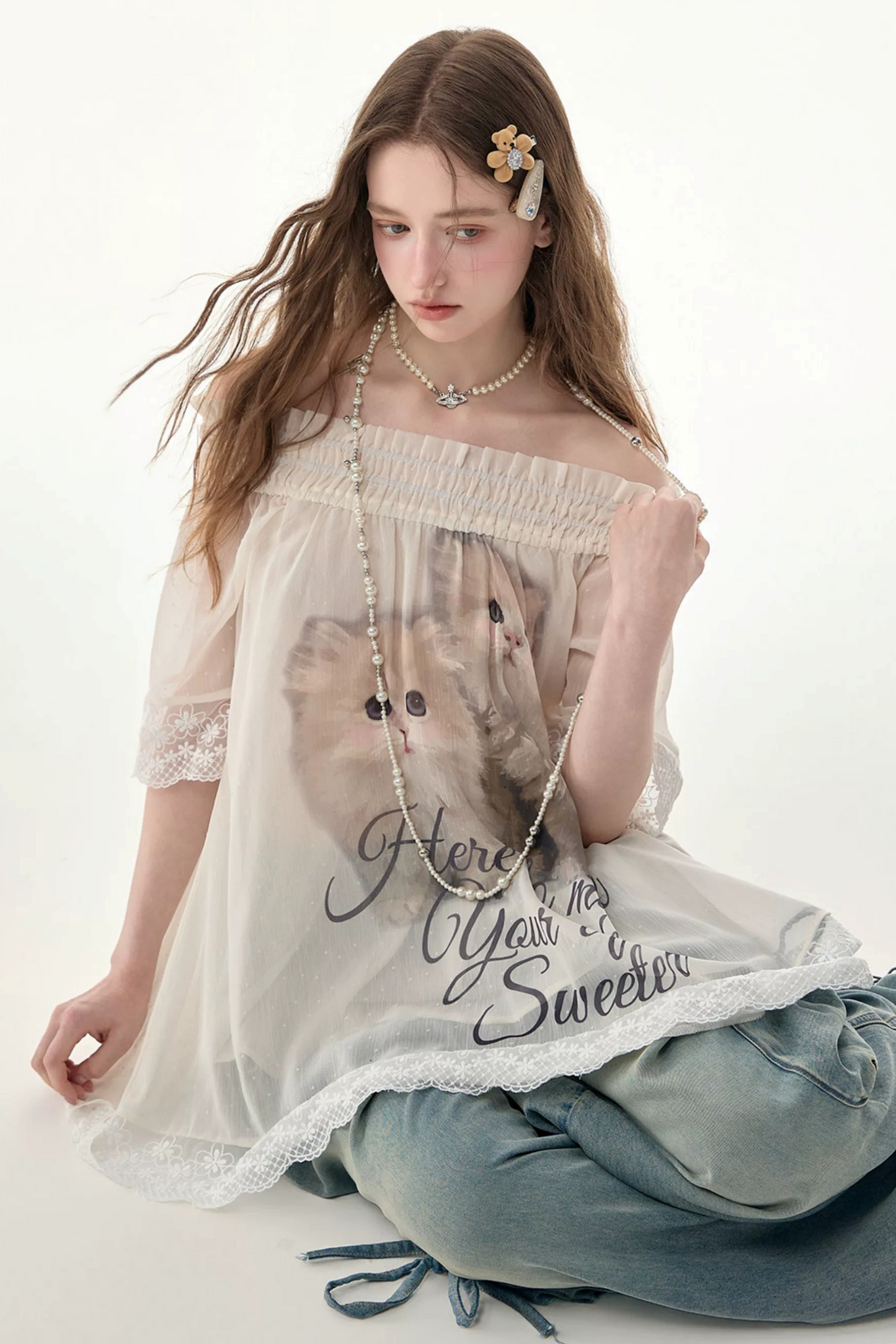 Cat Print Off-Shoulder Lace Trim Top