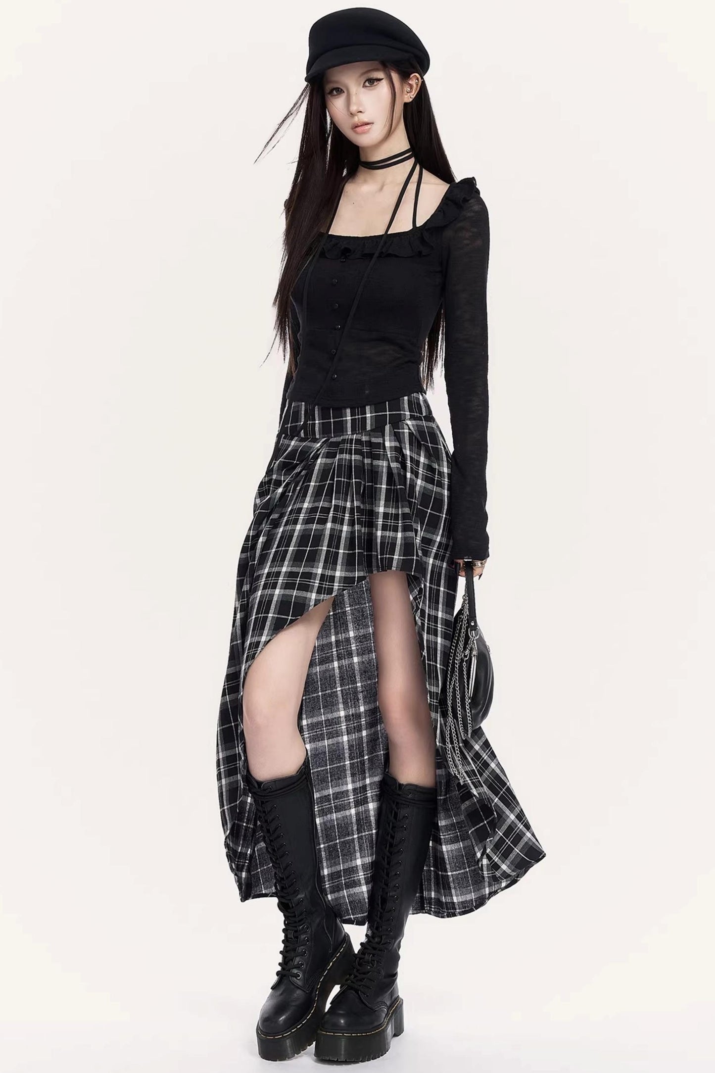 Irregular Plaid Long Skirt