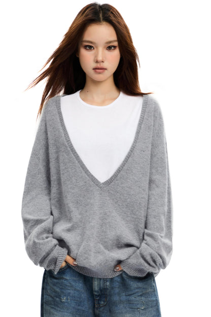 Grey V-Neck Retro Sweater