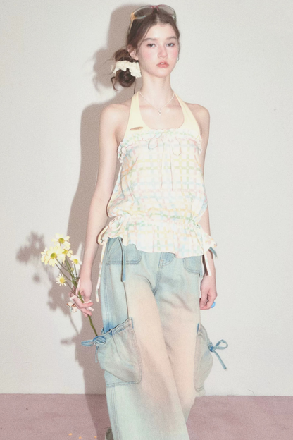 Blusa all'americana a quadri pastello