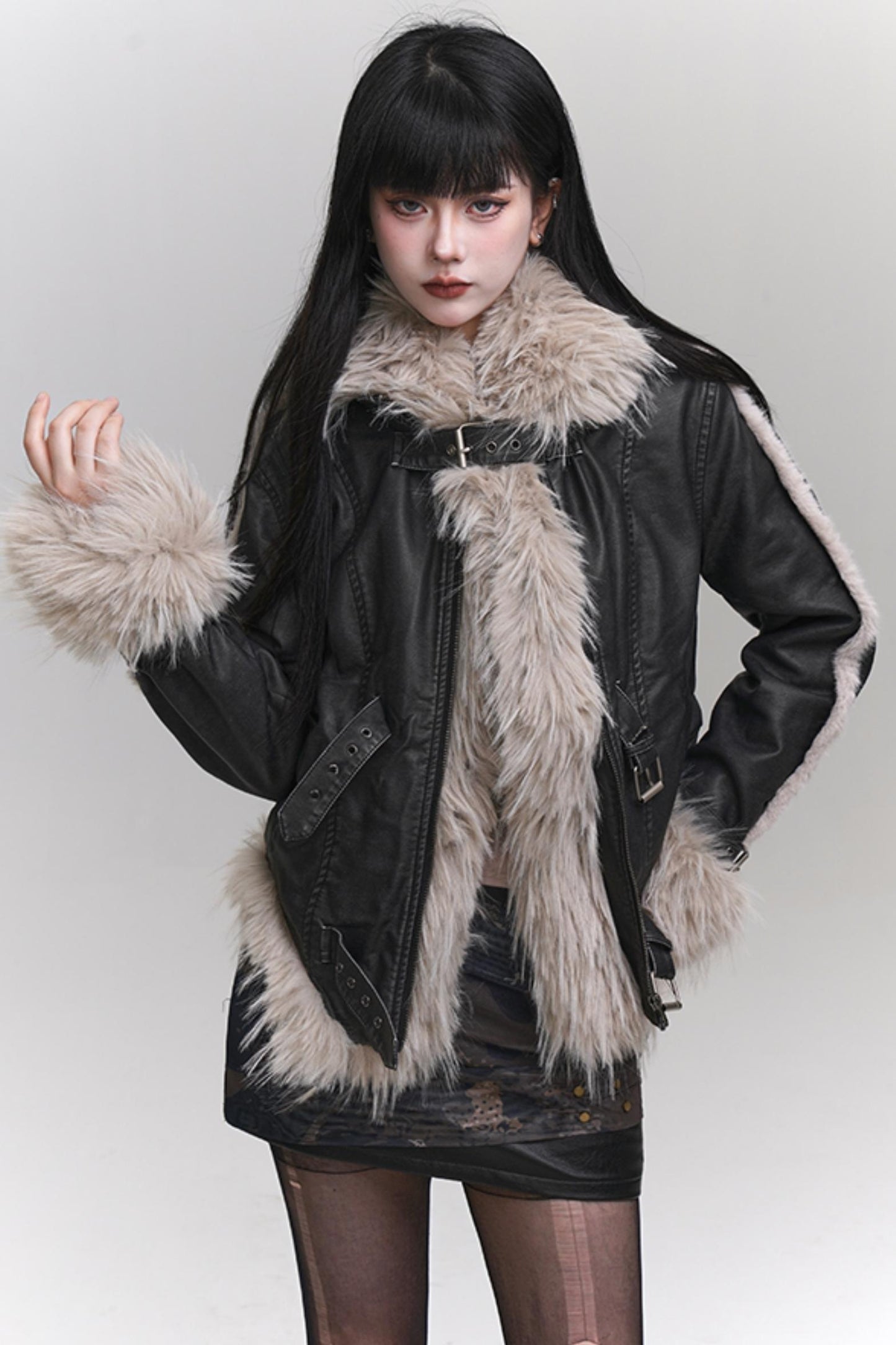 Ghost Girl, Eco-friendly Fur, Big Fur Collar, Fur Integrated Thick Jacket, Female, Autumn and Winter, Unique, Super Good-looking Leather Girl