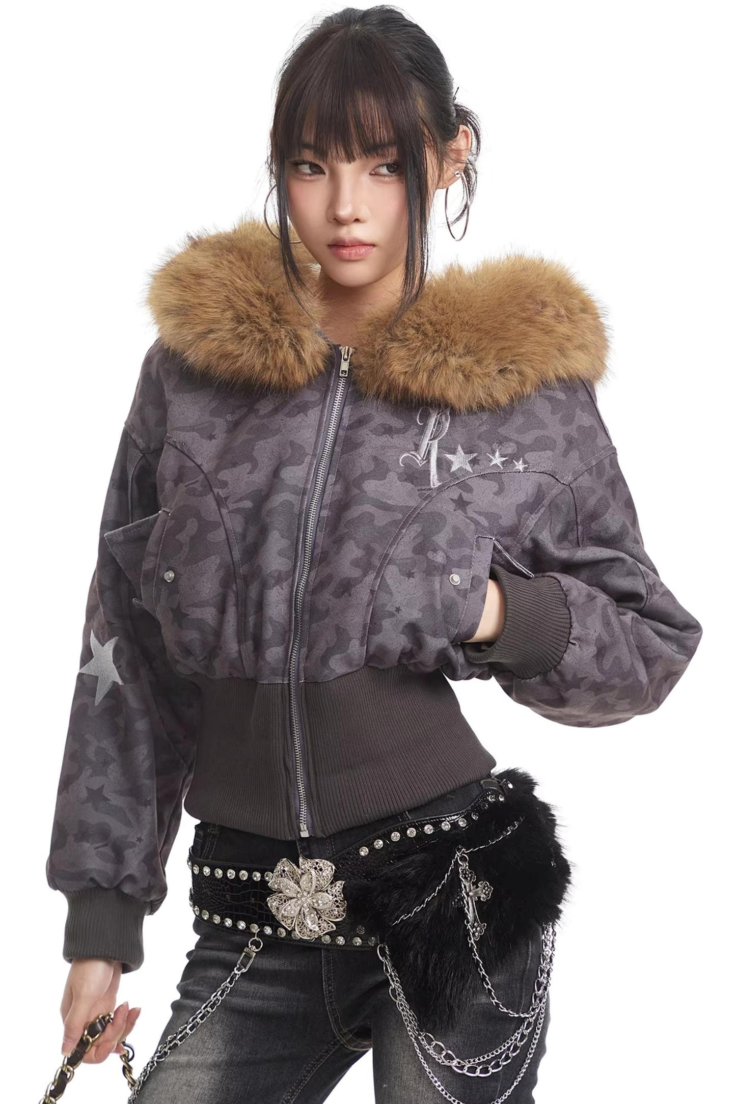 Retro Camouflage Fur Collar Hooded Jacket