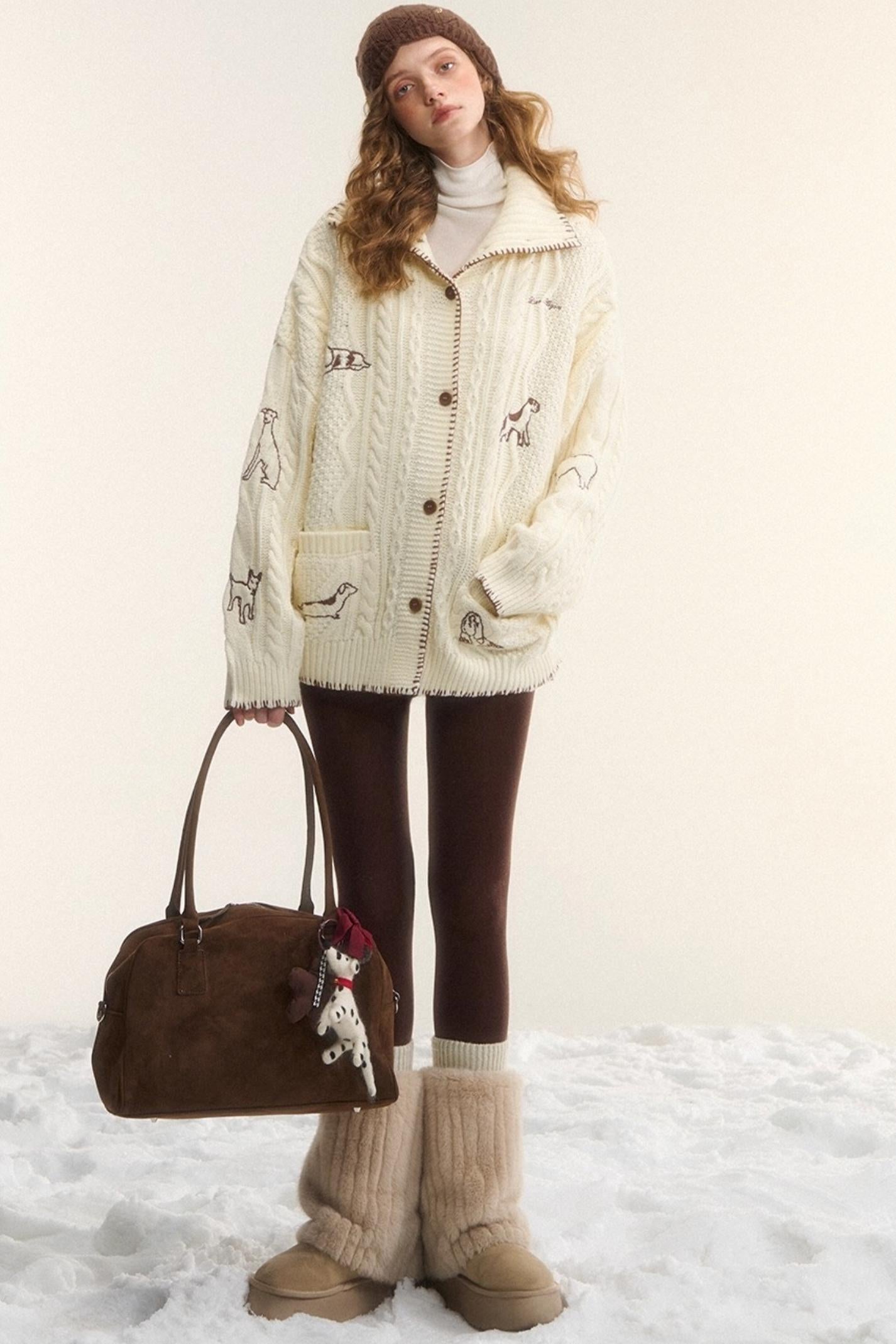 Embroidered Cable Knit Cardigan