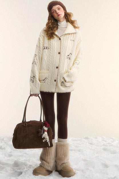 Embroidered Cable Knit Cardigan