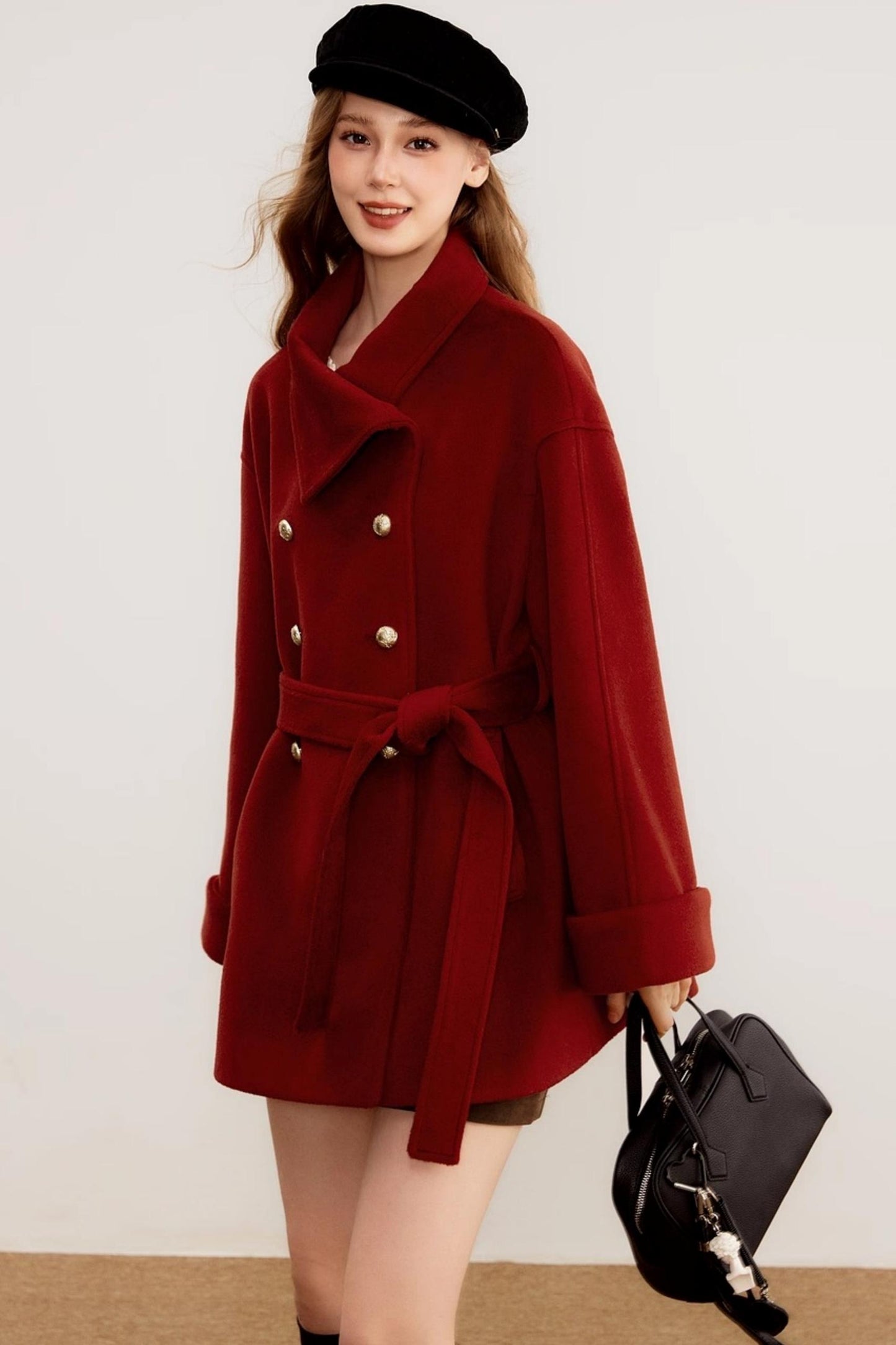 Red Woolen Waist-Cinching Coat