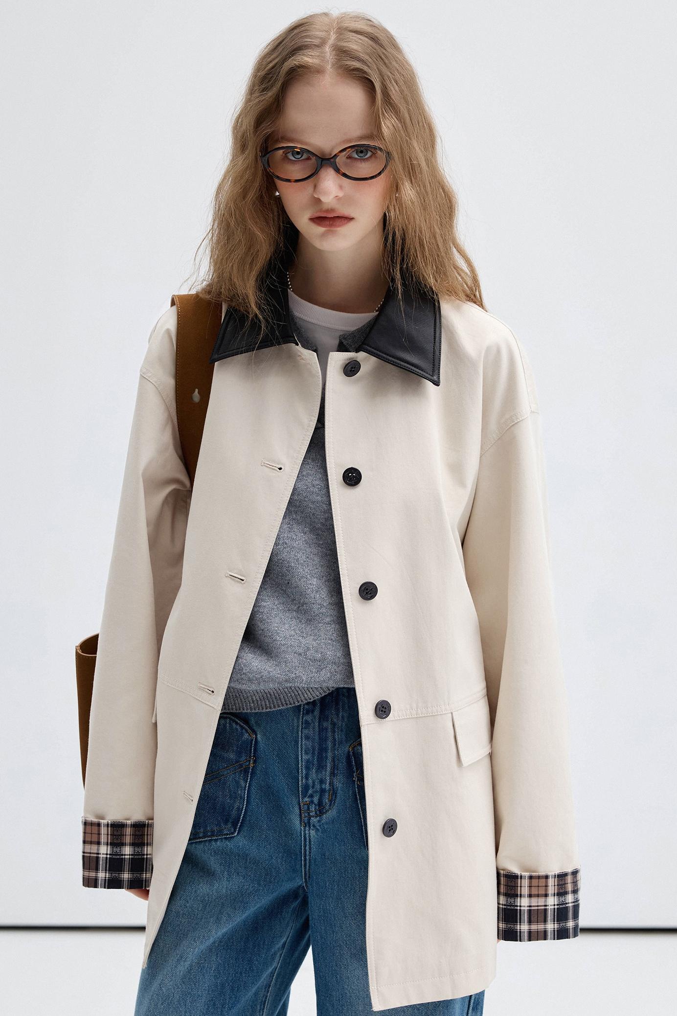 Check Contrast PU Leather Trench Coat