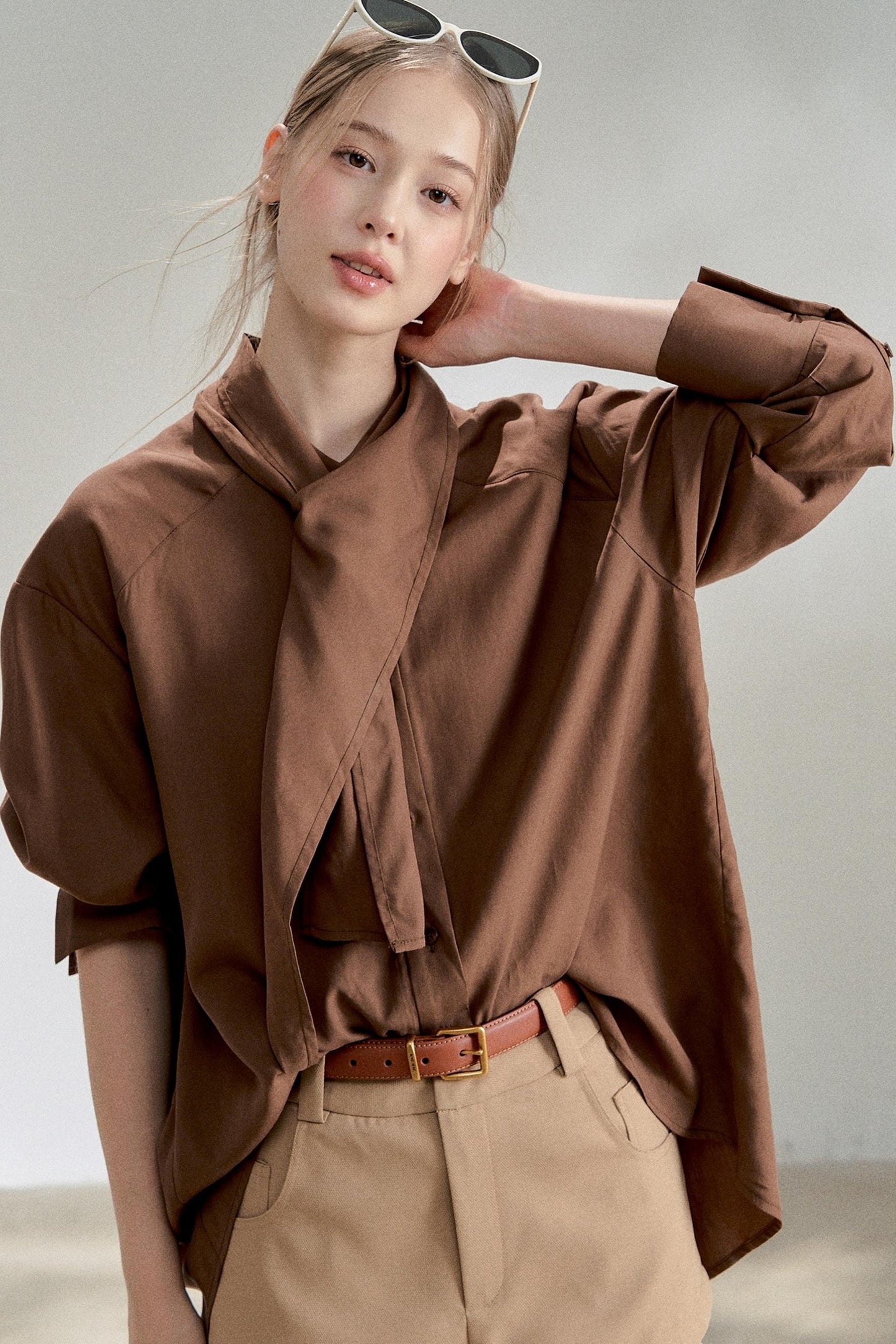 Yellow Lace-up Stand Collar Shirt