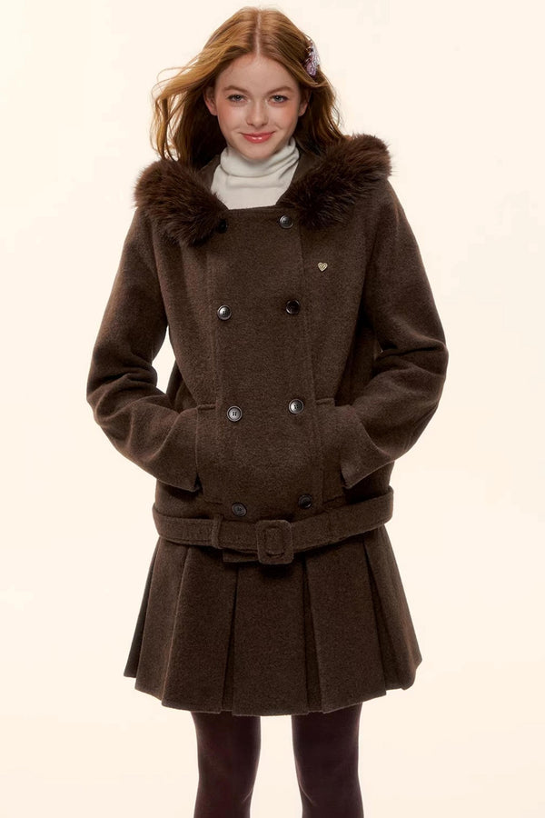 Retro Coffee Woolen Coat Set-Up