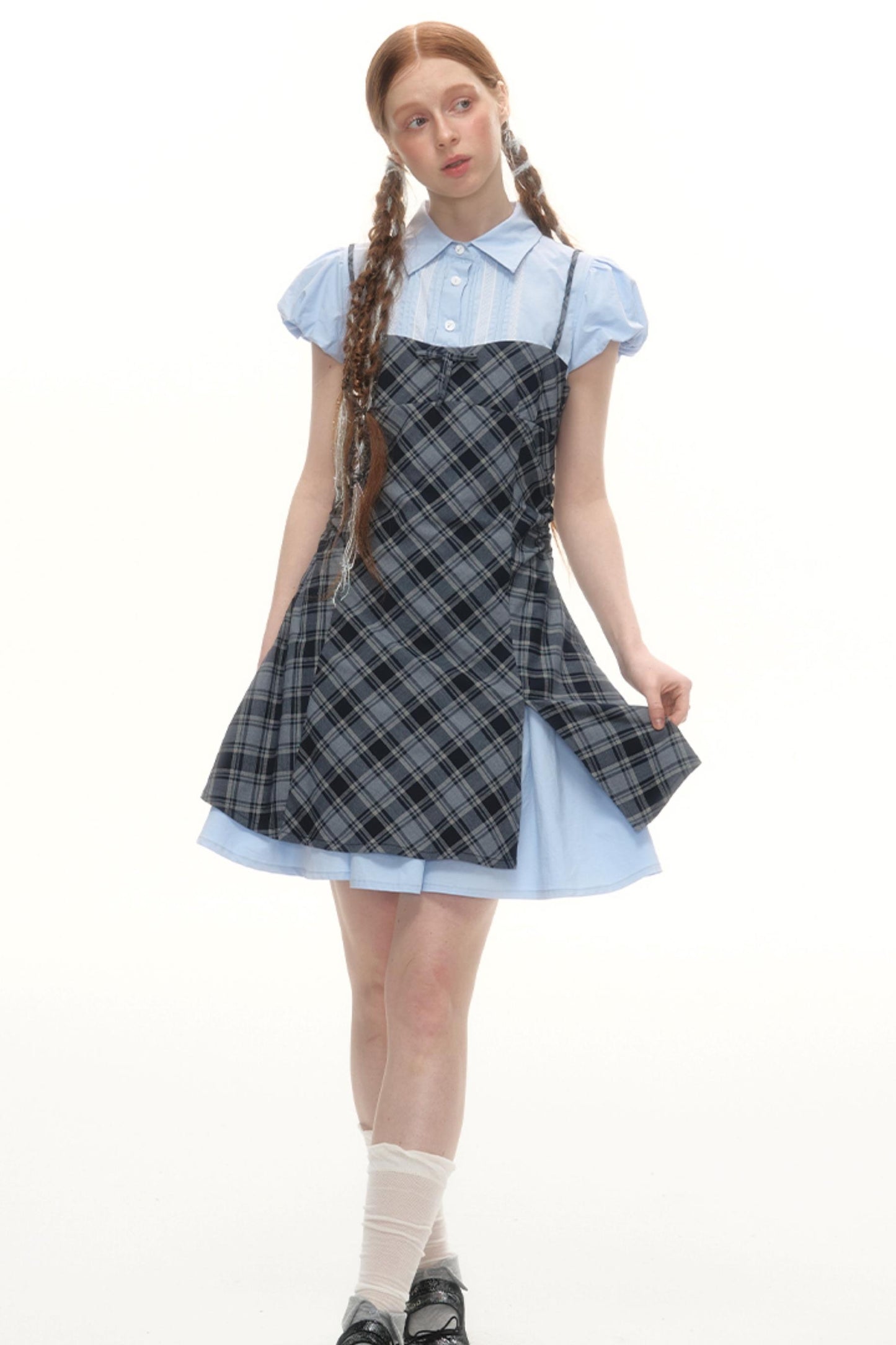 Plaid Bubble Sleeve Dress