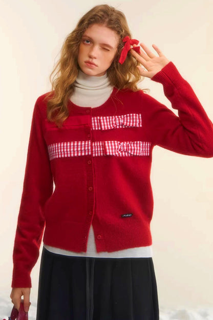 Plaid Patchwork Bow Cardigan