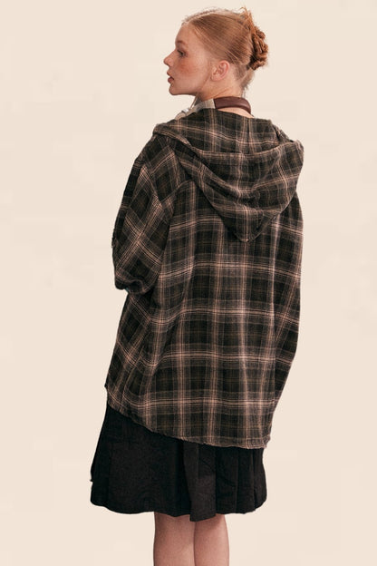 EZEK American Vintage Plaid Hooded Shirt Women's Fall/Winter 2024 New Loose Slouchy Shirt Jacket