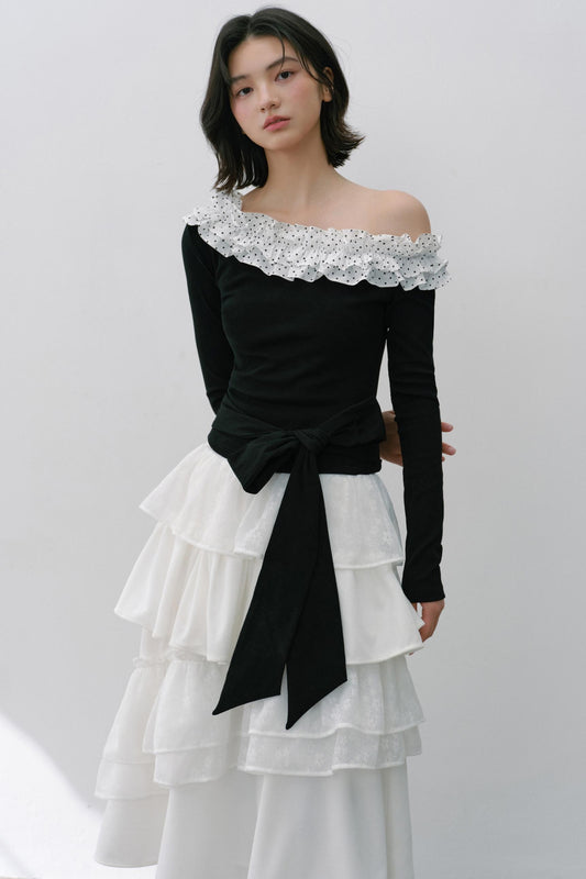 Sweet Slanted Shoulder Long-sleeved T-shirt