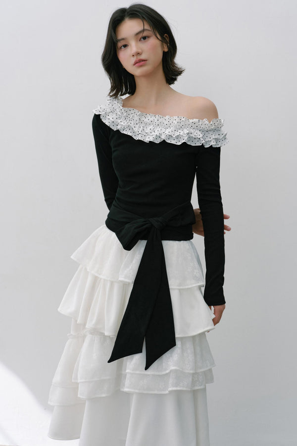 Sweet Slanted Shoulder Long-sleeved T-shirt