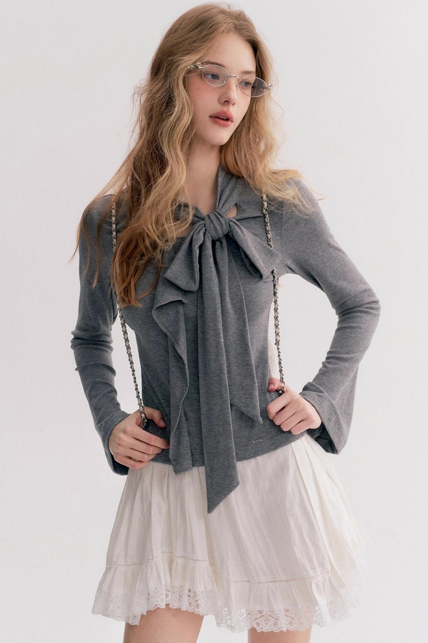 Romantic French Streamer Bow V-Neck Slim T-Shirt