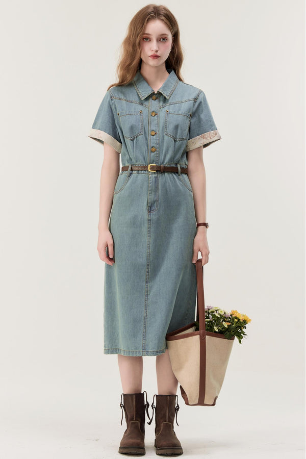 Denim Blue Spliced A-Line Dress