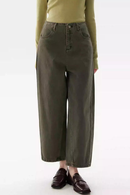 Vintage Green Cotton Wide-Leg Pants