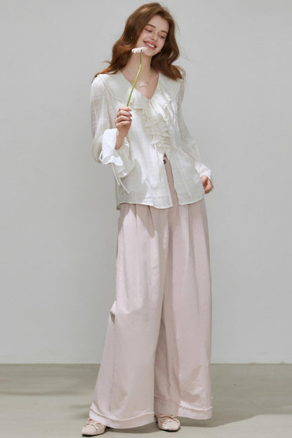 White V-Neck Ruffled French Top Shirt