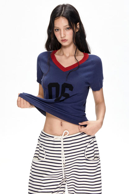 Color Block V-Neck Knit Tee