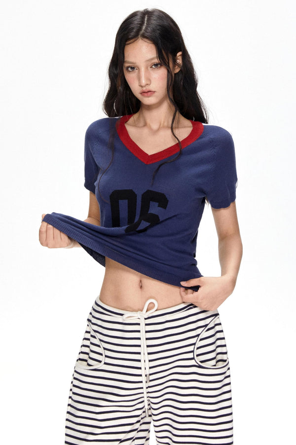 Color Block V-Neck Knit Tee
