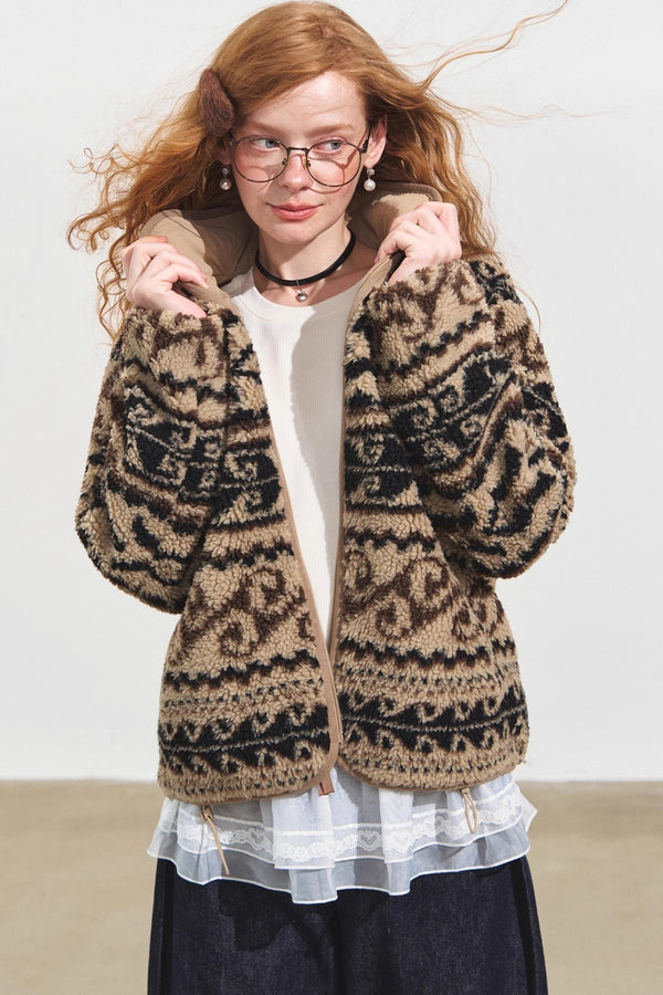 Fleece Jacquard Stand-Up Collar Coat