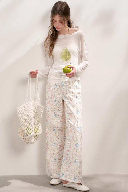 White Floral Wide-Leg Jeans