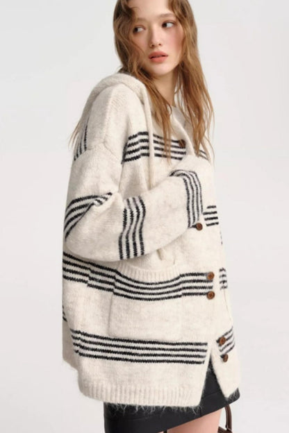 Striped Wool Hooded Knit Cardigan